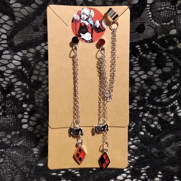 Harley Quinn Geometric Long Chain Rhinestone Earrings With Cuff - Picture 4 of 5